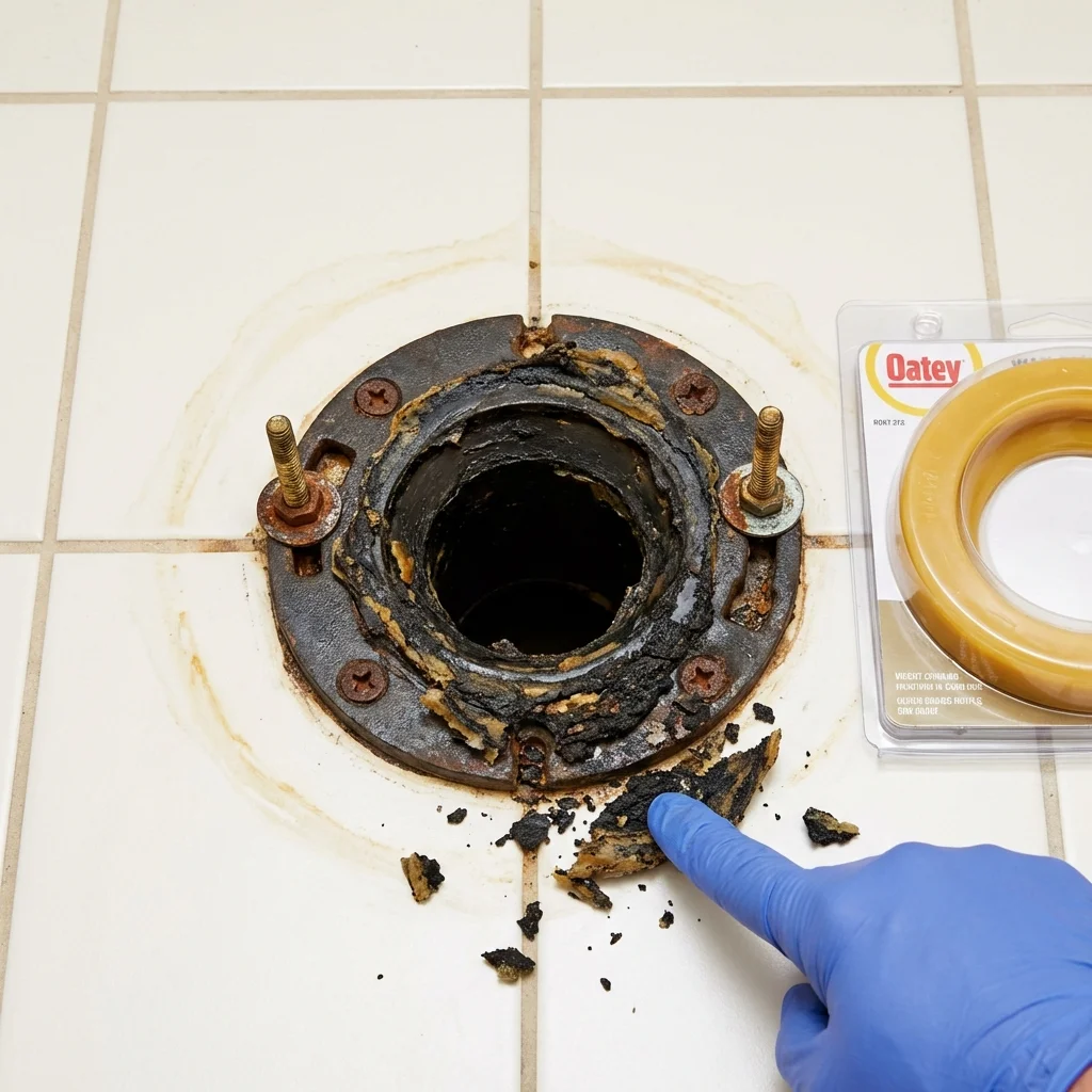Failed wax ring showing water seepage at the base of a toilet in a Spencer, IA home