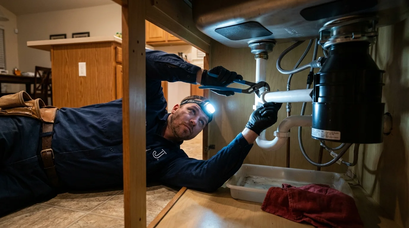 P-trap and supply line connections under a kitchen sink showing a common leak point in Spencer, IA